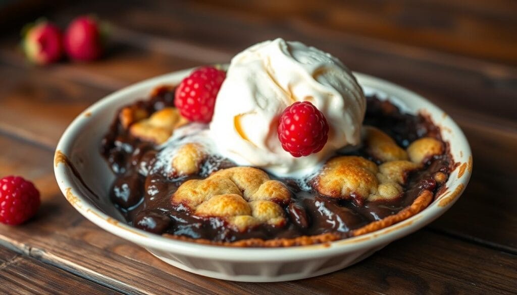 A delectable chocolate cobbler, its flaky crust glistening in the soft, warm lighting. A scoop of vanilla ice cream melts invitingly atop the rich, decadent filling, while fresh berries add a vibrant, contrasting pop of color. The scene is captured from a slightly elevated angle, showcasing the sumptuous layers and the tempting presentation on a rustic wooden table. The overall mood is one of comforting indulgence, enticing the viewer to dive into this classic Southern dessert. A delectable chocolate cobbler, its flaky crust glistening in the soft, warm lighting. A scoop of vanilla ice cream melts invitingly atop the rich, decadent filling, while fresh berries add a vibrant, contrasting pop of color. The scene is captured from a slightly elevated angle, showcasing the sumptuous layers and the tempting presentation on a rustic wooden table. The overall mood is one of comforting indulgence, enticing the viewer to dive into this classic Southern dessert.