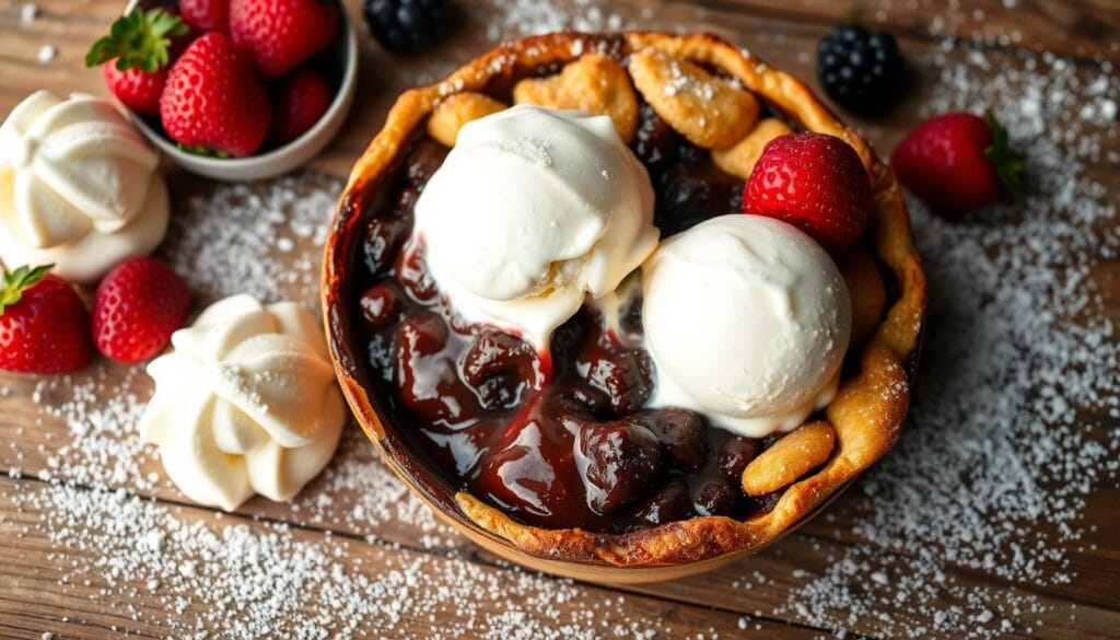 A delectable chocolate cobbler, its warm, gooey center spilling over a flaky golden crust, sits atop a rustic wooden surface. Surrounding it, an artful arrangement of creamy vanilla ice cream scoops, fresh berries, and a dusting of powdered sugar, creating a visually enticing dessert tableau. Soft, natural lighting casts a cozy glow, highlighting the rich, decadent tones of the cobbler and its accoutrements. The scene evokes a sense of indulgence and comforting, homemade charm, inviting the viewer to imagine savoring each delightful bite. A delectable chocolate cobbler, its warm, gooey center spilling over a flaky golden crust, sits atop a rustic wooden surface. Surrounding it, an artful arrangement of creamy vanilla ice cream scoops, fresh berries, and a dusting of powdered sugar, creating a visually enticing dessert tableau. Soft, natural lighting casts a cozy glow, highlighting the rich, decadent tones of the cobbler and its accoutrements. The scene evokes a sense of indulgence and comforting, homemade charm, inviting the viewer to imagine savoring each delightful bite.