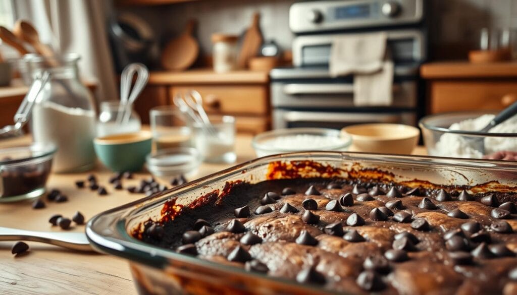 A meticulously crafted scene of Southern chocolate cobbler baking science, captured in a soft, warm light. In the foreground, a bubbling baking dish reveals the rich, gooey texture of the chocolate-infused cobbler, its surface dotted with molten chocolate chips. The middle ground showcases a variety of baking tools and ingredients, from measuring cups to a whisk and a bowl of flour, conveying the precise process behind this classic dessert. In the background, a cozy kitchen setting with wooden countertops and a vintage oven, hinting at the homespun charm of this Southern delicacy. The overall atmosphere is one of comfort, indulgence, and the intersection of culinary art and scientific precision. A meticulously crafted scene of Southern chocolate cobbler baking science, captured in a soft, warm light. In the foreground, a bubbling baking dish reveals the rich, gooey texture of the chocolate-infused cobbler, its surface dotted with molten chocolate chips. The middle ground showcases a variety of baking tools and ingredients, from measuring cups to a whisk and a bowl of flour, conveying the precise process behind this classic dessert. In the background, a cozy kitchen setting with wooden countertops and a vintage oven, hinting at the homespun charm of this Southern delicacy. The overall atmosphere is one of comfort, indulgence, and the intersection of culinary art and scientific precision.
