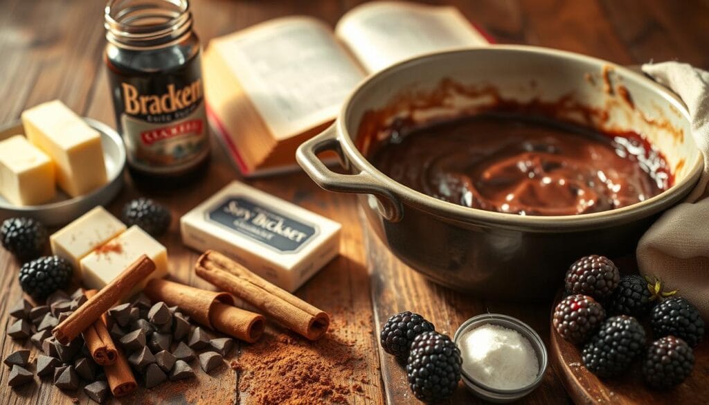 A rustic wooden table, bathed in warm golden light, showcases the essential ingredients for a decadent Chocolate Cobbler. In the foreground, rich dark chocolate chunks, fragrant cinnamon sticks, and a dusting of cocoa powder capture the indulgent essence of this classic Cracker Barrel dessert. Surrounding these are creamy butter, plump ripe blackberries, and a jar of sweet molasses, hinting at the depth of flavor to come. The middle ground features a vintage mixing bowl filled with a velvety batter, ready to be poured into a baking dish. In the background, a weathered cookbook lies open, its pages offering the secrets to perfecting this beloved southern treat. A rustic wooden table, bathed in warm golden light, showcases the essential ingredients for a decadent Chocolate Cobbler. In the foreground, rich dark chocolate chunks, fragrant cinnamon sticks, and a dusting of cocoa powder capture the indulgent essence of this classic Cracker Barrel dessert. Surrounding these are creamy butter, plump ripe blackberries, and a jar of sweet molasses, hinting at the depth of flavor to come. The middle ground features a vintage mixing bowl filled with a velvety batter, ready to be poured into a baking dish. In the background, a weathered cookbook lies open, its pages offering the secrets to perfecting this beloved southern treat.