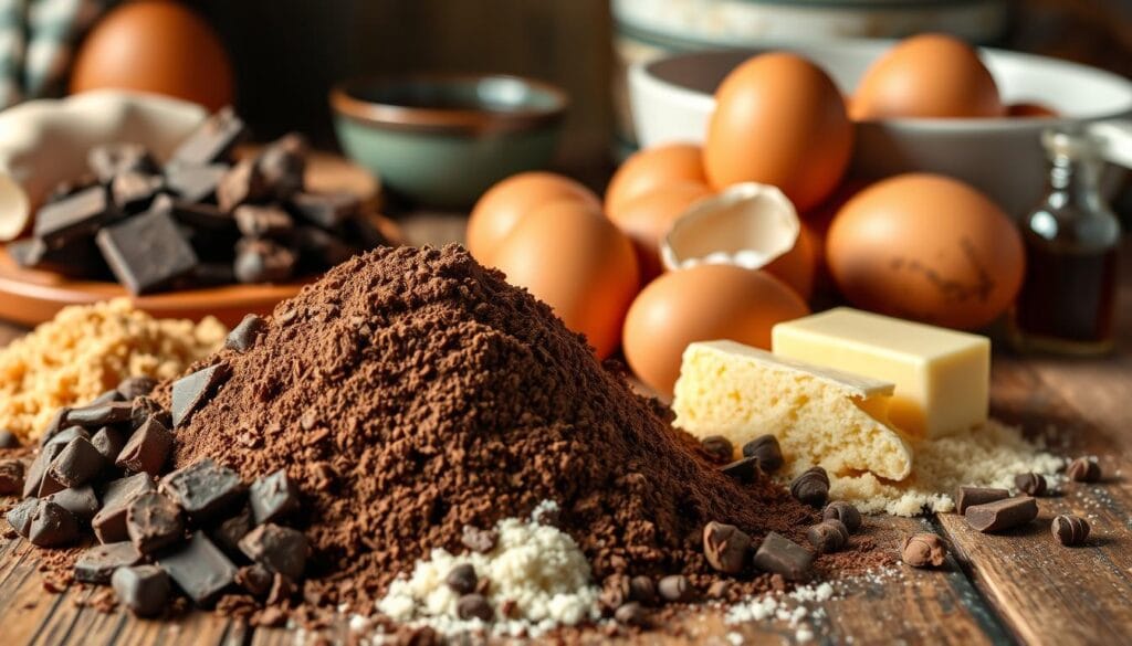 A sumptuous array of Southern chocolate cobbler ingredients, artfully arranged on a rustic wooden table. In the foreground, a mound of rich, velvety chocolate chunks and cocoa powder, their dark hues contrasting with the golden-brown sugar and creamy butter nearby. The middle ground features a cluster of farm-fresh eggs, their shells reflecting the warm, soft lighting that envelops the scene. In the background, a vintage mixing bowl and a sprinkling of fragrant vanilla extract hint at the homemade nature of this decadent dessert. The overall mood is one of cozy, comforting indulgence, evoking the cherished traditions of Southern baking. A sumptuous array of Southern chocolate cobbler ingredients, artfully arranged on a rustic wooden table. In the foreground, a mound of rich, velvety chocolate chunks and cocoa powder, their dark hues contrasting with the golden-brown sugar and creamy butter nearby. The middle ground features a cluster of farm-fresh eggs, their shells reflecting the warm, soft lighting that envelops the scene. In the background, a vintage mixing bowl and a sprinkling of fragrant vanilla extract hint at the homemade nature of this decadent dessert. The overall mood is one of cozy, comforting indulgence, evoking the cherished traditions of Southern baking.