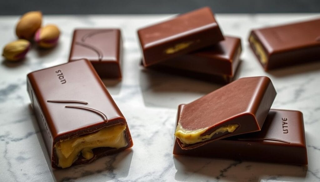 A decadent arrangement of Dubai-inspired chocolate bars, their surfaces glistening with a tempting layer of pistachio-infused butter. The bars are artfully displayed on a marble slab, their rich hues and contrasting textures creating a visually striking composition. Soft, diffused lighting from above casts gentle shadows, accentuating the luscious quality of the pistachio butter that oozes between the layers of chocolate. The overall scene exudes an air of sophisticated indulgence, perfectly capturing the essence of "Creating Decadent Desserts with Pistachio Butter".