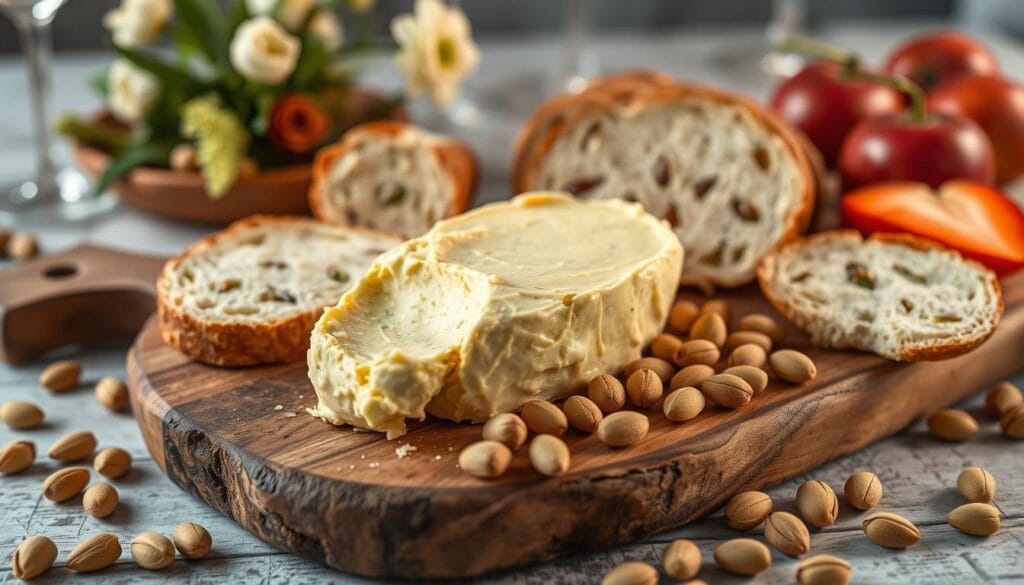 A delectable spread of creamy pistachio butter adorns a rustic wooden board, surrounded by an assortment of artisanal breads, fresh fruits, and a scattering of roasted pistachio nuts. The butter glistens under soft, warm lighting, inviting the viewer to imagine its rich, nutty flavor. In the background, a hint of elegant tableware and a minimalist floral arrangement add a touch of sophistication, creating a scene that evokes a cozy, yet refined atmosphere perfect for any occasion, from casual gatherings to elegant soirees.