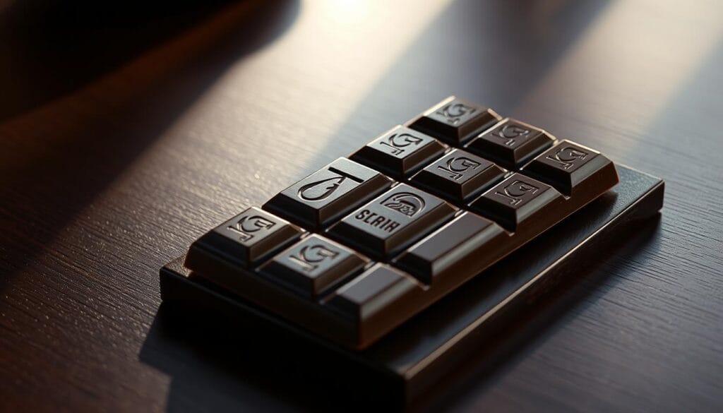 A beautifully lit premium chocolate bar resting on a sleek, dark wooden surface. The chocolate is adorned with a rich, glossy sheen, its intricate pattern casting captivating shadows. In the background, a soft, diffused light creates a warm, inviting atmosphere, drawing the viewer's attention to the luxurious chocolate. The composition is carefully balanced, with the chocolate bar positioned prominently in the frame, surrounded by a minimalist, yet elegant setting. The overall scene conveys a sense of high-end sophistication and the premium quality of the chocolate product.