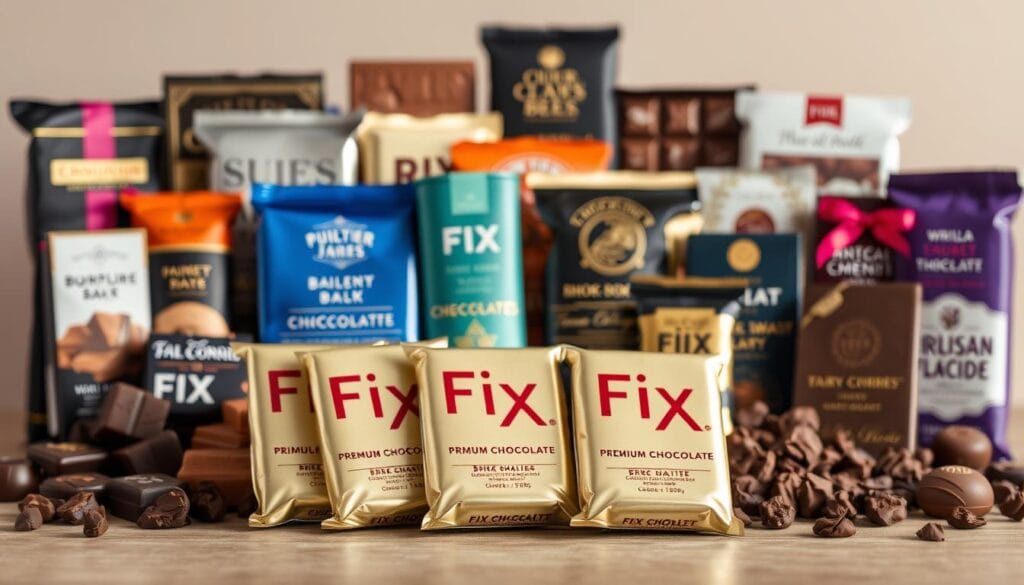 A carefully arranged still life showcasing an assortment of unique chocolate bars. In the foreground, several Fix Chocolate bars in their signature metallic wrappers stand out, inviting comparison to other premium chocolate brands displayed alongside. The middle ground features a variety of chocolates in various shapes, sizes, and packaging designs, creating a visually engaging tableau. The background is softly lit, highlighting the rich colors and textures of the chocolates. The overall composition evokes a sense of luxury, quality, and the joy of savoring exceptional chocolate.