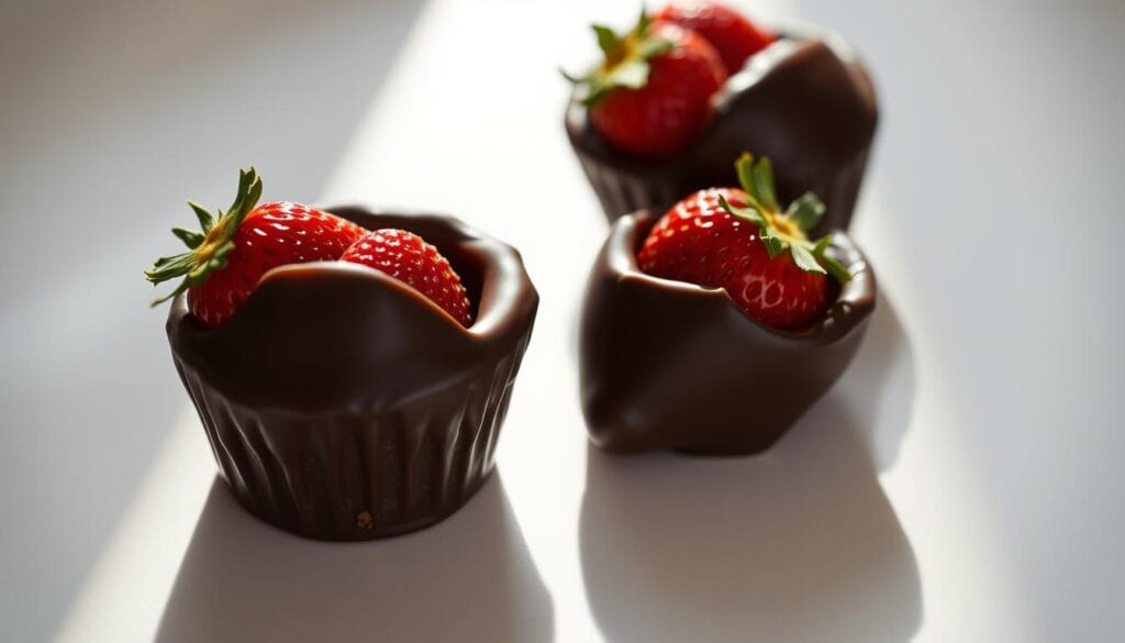 A close-up, beautifully lit shot of 3 chocolate-dipped strawberry cups, arranged on a clean, white surface. The cups have a glossy, tempting chocolate coating, with vibrant red strawberries peeking out from the top. The lighting is soft and diffused, creating gentle shadows that accentuate the curves and textures. The composition is balanced, with the cups positioned in a visually pleasing arrangement. The overall mood is one of indulgence and artisanal craftsmanship, inviting the viewer to imagine the delectable flavors and textures. The camera angle is slightly elevated, giving a slightly bird's eye perspective that showcases the intricate details of the dessert.