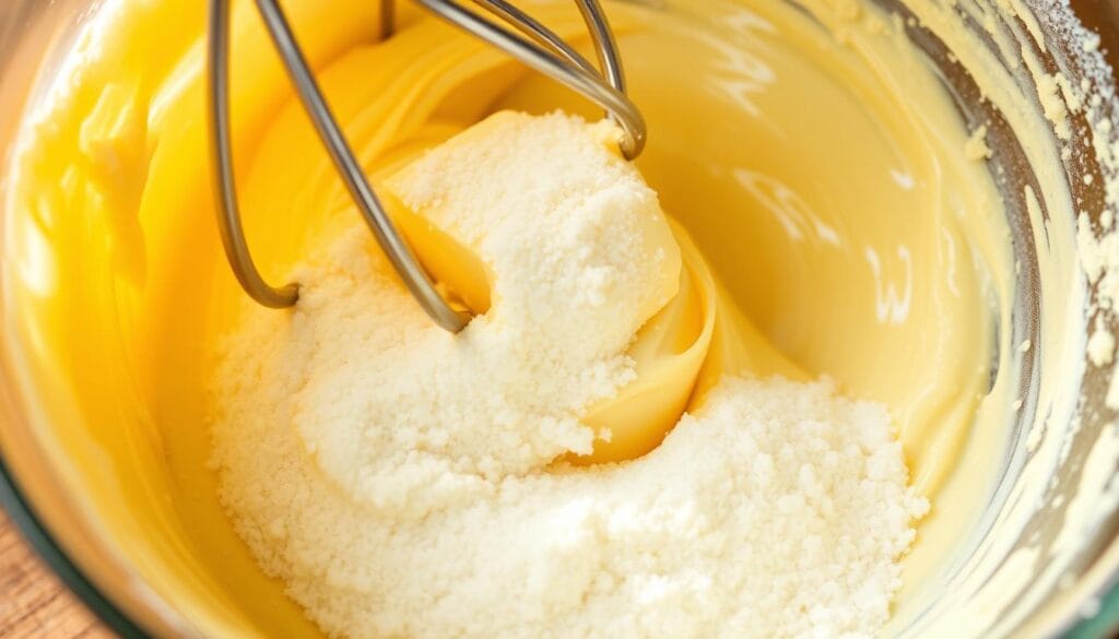 A close-up of a mixing bowl filled with creamy, golden butter being whipped together with granulated sugar. The mixture has a soft, fluffy texture, with small crystals of sugar visible throughout. The bowl is set on a wooden surface, with a metal whisk or spoon partially submerged in the buttery-sweet blend. Warm, natural lighting casts a soft, inviting glow, highlighting the smooth, glossy surface of the ingredients. The overall scene conveys a sense of warmth, homemade comfort, and the anticipation of delicious baked goods.