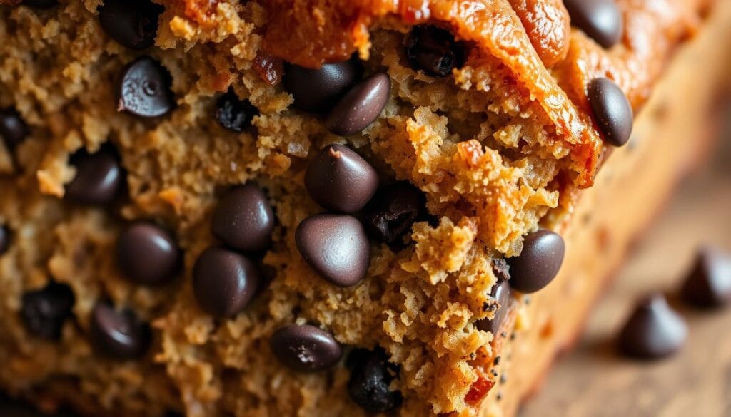 A close-up shot of a freshly baked banana bread, its golden-brown crust glistening under soft, diffused lighting. Nestled within the moist, dense crumb are an abundance of rich, dark chocolate chips, their melted centers contrasting with the bread's tender interior. The image is framed to emphasize the texture and the interplay of colors, with a shallow depth of field to keep the focus on the delectable details. The overall mood is inviting and appetizing, perfectly capturing the essence of a simple yet indulgent homemade treat.