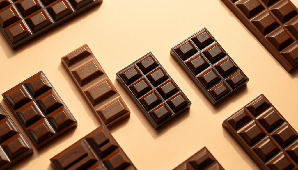 A close-up shot of a variety of intricate and detailed chocolate molds against a clean, minimalist background. The molds feature a range of geometric shapes, including rectangles, squares, and triangles, with crisp, sharp edges and smooth surfaces. The molds are arranged in a visually appealing and symmetrical composition, casting soft, even shadows that add depth and dimension to the scene. The lighting is soft and diffused, creating a warm, inviting atmosphere that highlights the rich, glossy texture of the chocolate molds. The overall mood is one of sophistication, precision, and a passion for crafting the perfect chocolate bars.
