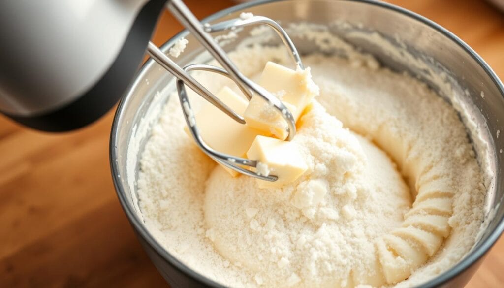 A close-up view of a hand-held electric mixer whirring and blending creamy butter and granulated sugar in a large mixing bowl. The butter is softened and pale yellow, the sugar granules are sparkling white. The mixture is being vigorously beaten, creating a light, airy, and fluffy texture. Warm, soft lighting from overhead illuminates the scene, casting gentle shadows. The background is blurred, keeping the focus on the foreground action of the batter preparation. The overall mood is one of homey, comforting baking, hinting at the delicious banana bread to come.