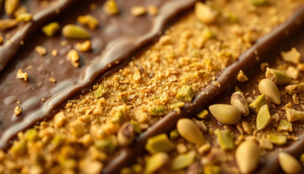 A close-up view of a textured surface, featuring a delicate interplay of crunchy pistachio pieces and rich, velvety chocolate. The foreground showcases the intricate patterns and varied shades of green pistachio shells, contrasted by the deep, glossy brown of the chocolate. The middle ground reveals the mouthwatering intersection of these two flavors, with the pistachio's satisfying crunch and the chocolate's smooth, indulgent creaminess. The lighting casts a warm, golden glow, highlighting the depth and complexity of this unique dessert fusion. The overall atmosphere evokes a sense of luxurious decadence, inviting the viewer to savor the flavors of Dubai's renowned Chocolate Kunafa.