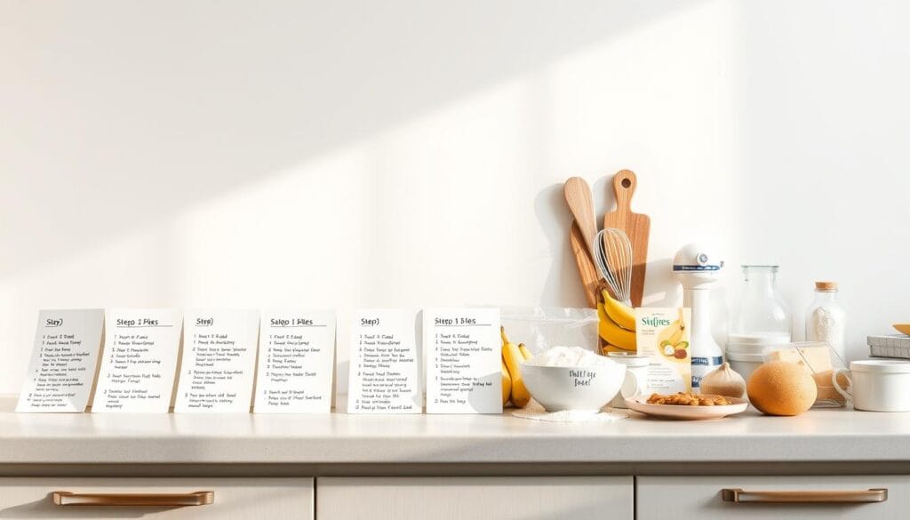 A countertop against a plain white backdrop, bathed in soft, natural lighting. In the foreground, a series of numbered steps detailing the baking process, each step showcased on individual recipe cards with hand-drawn illustrations. The cards are arranged in a linear, left-to-right flow, guiding the viewer through the step-by-step instructions. In the middle ground, various baking tools and ingredients - a mixing bowl, a whisk, ripe bananas, flour, and other essentials - are neatly organized, creating a sense of order and culinary preparation. The overall mood is clean, inviting, and focused, allowing the viewer to easily follow along with the step-by-step baking instructions.