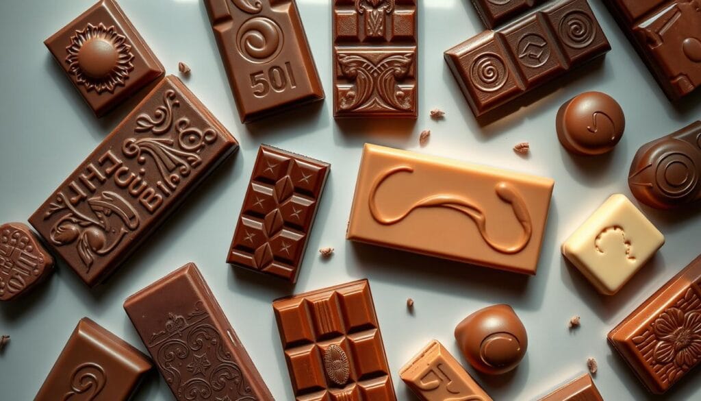 A crisp, overhead view of a diverse array of Dubai-themed chocolate bars, artfully arranged on a sleek, reflective surface. The bars feature intricate patterns, rich hues, and unique textures, including smooth, velvety finishes, subtle ridges, and delicate swirls. The lighting is soft and diffused, casting gentle shadows that accentuate the dimensional qualities of the chocolates. The composition is balanced and symmetrical, allowing the viewer to closely examine and compare the distinct flavor profiles and mouthfeel of each bar. The overall scene exudes a sense of luxury, indulgence, and the opulent ambiance of Dubai's renowned confectionery scene.