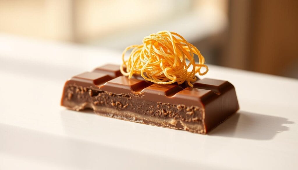 A delectable Dubai chocolate bar, its smooth surface gleaming under warm, natural lighting. Nestled atop the bar, a luscious layer of golden-brown kataifi pastry, its intricate, shredded strands intertwined in a mesmerizing texture. The bar's cross-section reveals rich, decadent chocolate, perfectly complemented by the sweet, crunchy kataifi. Elegant, minimalist composition, captured at a slight angle to highlight the dessert's luxurious layers and sophisticated presentation. Conveys a sense of indulgence, cultural fusion, and the vibrant, cosmopolitan spirit of Dubai.
