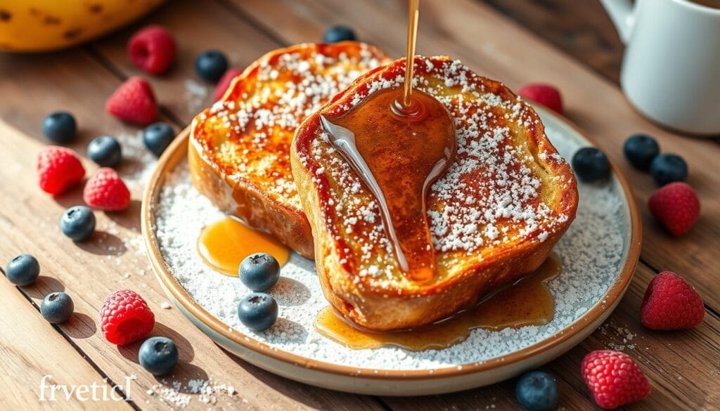 A delectable French toast adaptation, featuring golden-brown slices adorned with a drizzle of maple syrup and a dusting of powdered sugar. The arrangement is presented on a rustic wooden surface, bathed in soft, natural lighting that casts a warm, inviting glow. A scattering of fresh berries, such as raspberries and blueberries, add pops of vibrant color, complementing the rich, indulgent textures of the dish. The overall composition evokes a sense of simplicity and comfort, perfectly suited to serve as a tempting accompaniment to the article's subject - the irresistible banana bread.