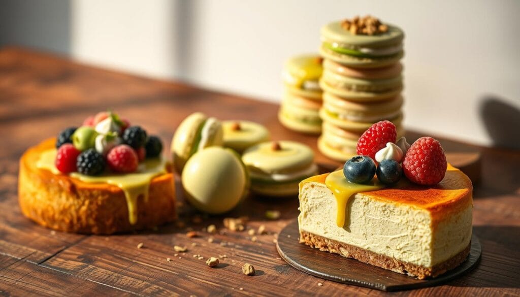 A delectable display of gourmet pistachio cream desserts, artfully arranged on a rustic wooden table. In the foreground, a decadent pistachio cheesecake with a golden-brown crust, garnished with fresh berries and a drizzle of pistachio-infused cream. In the middle, delicate pistachio macarons in pastel shades of green and white, their smooth shells contrasting with the fluffy cream filling. At the back, a stack of pistachio-swirled panna cotta, their translucent layers topped with a dusting of crushed pistachios. Soft, directional lighting from the side casts warm shadows, highlighting the textural interplay and the rich, vibrant hues of the desserts. The overall scene exudes a sense of artisanal craftsmanship and indulgence, inviting the viewer to imagine the sublime flavors and textures of these gourmet pistachio creations.