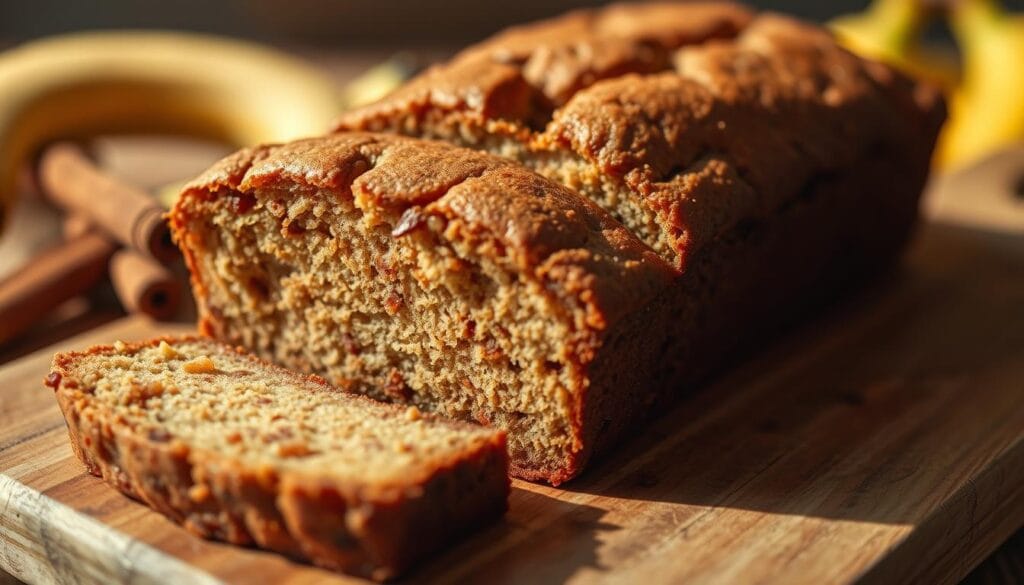 A deliciously moist and flavorful banana bread, freshly baked with four ripe bananas. The crust is golden brown, with a crunchy exterior that gives way to a soft, tender crumb. The aroma of cinnamon and vanilla wafts through the air, inviting you to take a bite. The slice is carefully arranged on a rustic wooden board, the light casting warm shadows that accentuate the bread's natural texture. The scene is captured with a shallow depth of field, drawing the viewer's attention to the luscious, glistening surface of the bread. The overall mood is one of comfort, indulgence, and the simple pleasure of homemade baking.