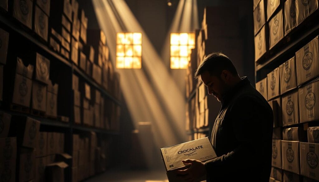 A dimly lit warehouse interior, stacks of cardboard boxes lining the shelves. The boxes are marked with the iconic chocolate brand logos, hinting at the precious cargo within. Beams of soft, diffused light filter through the dust-mottled windows, casting a warm, golden glow over the scene. The air is heavy with the faint aroma of cocoa, a testament to the delicate nature of the product. In the foreground, a lone worker carefully inspects a damaged box, his expression conveying the importance of maintaining the quality of the shipment. The overall atmosphere suggests the challenges and considerations involved in the shipping and storage of premium chocolate.