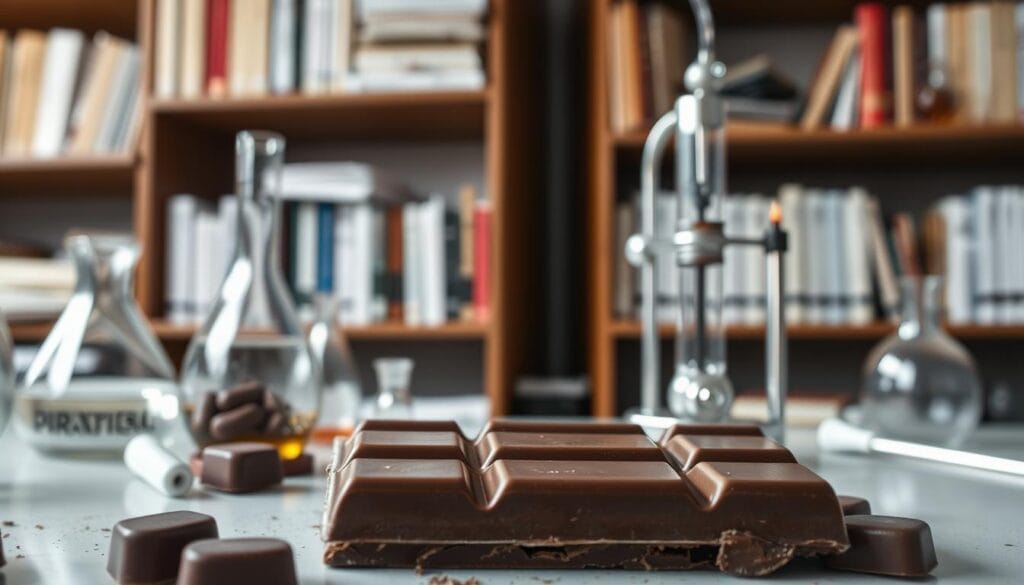 A high-quality chocolate bar resting on a laboratory bench, illuminated by soft, diffused lighting from above. The surface of the chocolate is smooth and glossy, revealing its rich, dark hue. In the foreground, scientific instruments like a beaker, pipette, and Bunsen burner are arranged, suggesting an ongoing experiment to analyze the chocolate's composition and properties. The background features shelves lined with scientific journals, textbooks, and other research materials, creating a scholarly, intellectual atmosphere. The overall scene conveys a sense of scientific inquiry and the pursuit of perfecting chocolate quality through rigorous analysis and experimentation.