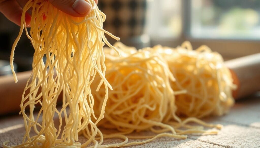 A homemade shredded dough, carefully hand-pulled into long, delicate strands, gently illuminated by warm, natural lighting. The foreground showcases the intricate, lace-like texture of the dough, while the middle ground reveals its golden-brown hues, hinting at the crisp, flaky quality it will take on when baked. The background softly fades, allowing the viewer to focus on the delicate craftsmanship of the homemade kataifi pastry, the key to achieving the perfect Greek dessert.