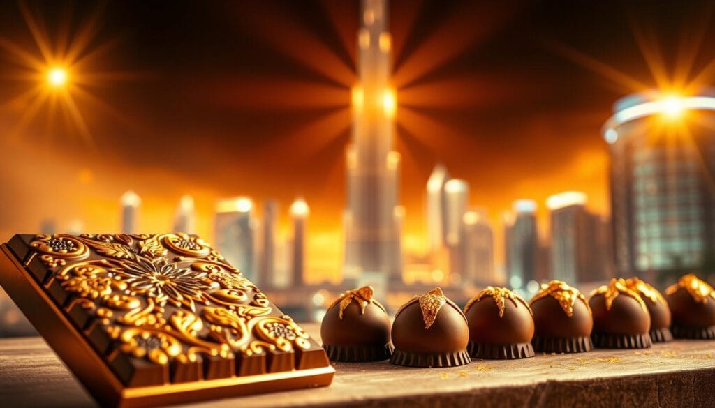 A lavish, luxurious chocolate creation in the distinctive Dubai style. In the foreground, a decadent chocolate bar with intricate, golden-hued patterns and embellishments, inspired by the opulent architecture and design of Dubai. The middle ground features delicate, hand-crafted chocolate truffles, each one a work of art, adorned with edible gold leaf and exquisite chocolate detailing. In the background, a backdrop of shimmering, sun-dappled cityscape, with the iconic Burj Khalifa tower presiding over the scene. Dramatic, warm lighting casts a mesmerizing glow, evoking the vibrant, cosmopolitan atmosphere of Dubai. This image captures the essence of the city's sophisticated, indulgent chocolate culture.