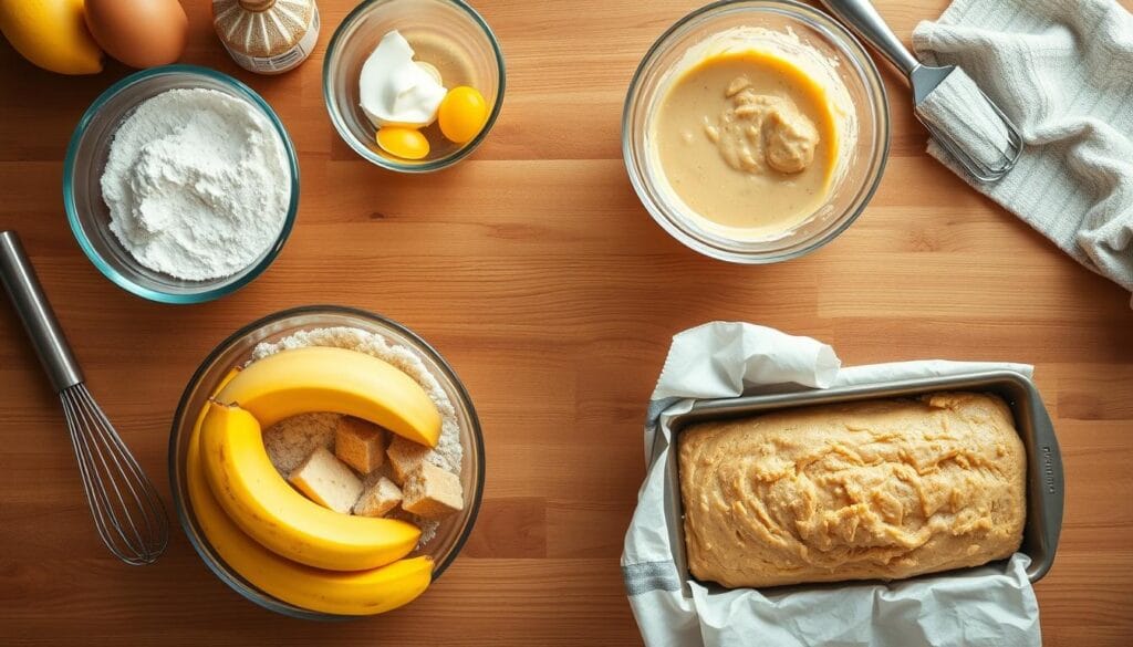 A meticulously styled overhead shot of a wooden kitchen counter, showcasing the step-by-step preparation of homemade banana bread. In the foreground, a mixing bowl filled with ripe bananas, flour, eggs, and other essential ingredients. Nearby, a glass bowl of sour cream, a whisk, and a loaf pan lined with parchment paper. In the middle ground, the process unfolds - batter being mixed, dough being kneaded, and the unbaked loaf being carefully placed in the oven. Soft, natural lighting illuminates the scene, accentuating the rich, golden tones of the ingredients and the rustic wood tones of the counter. An aroma of freshly baked banana bread permeates the air, creating a cozy, inviting atmosphere.