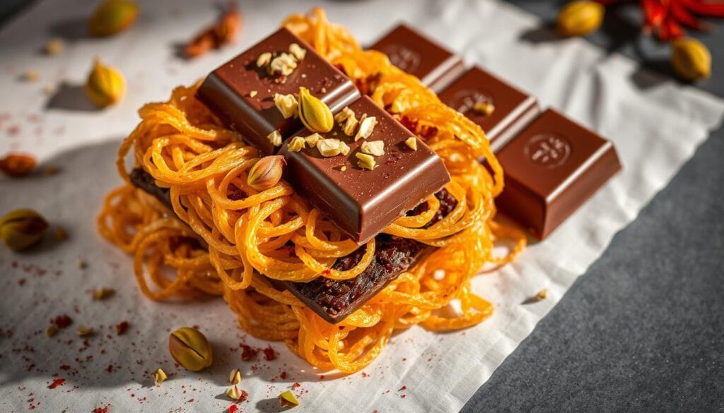 A mouthwatering kataifi pastry dessert, layered with rich dark chocolate and a sprinkling of crushed pistachios. The golden-brown kataifi strands are artfully twisted, creating a delicate, lace-like texture. The chocolate bar gleams with a smooth, glossy sheen, infused with the aromatic essence of saffron. Soft lighting casts gentle shadows, highlighting the intricate details and sumptuous flavors. The composition is arranged with a minimalist yet elegant sensibility, allowing the luxurious ingredients to take center stage. This image perfectly captures the essence of "Pro Tips for Perfect Results" - a harmonious balance of traditional Middle Eastern flavors and sophisticated presentation.