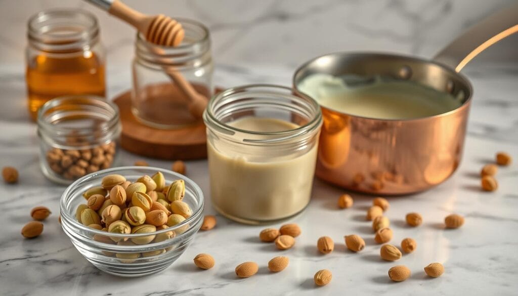A neatly arranged composition showcasing the key ingredients for preparing pistachio cream for a Dubai chocolate bar. In the foreground, a small glass bowl filled with shelled pistachios in a vibrant green hue. Behind it, a stainless steel mixing bowl with a creamy, smooth pistachio paste. To the side, a glass jar of golden honey and a silver spoon dipped into it. In the middle ground, a copper saucepan with a blend of cream, milk, and sugar simmering gently over a warm, softly lit stovetop. The background features a marble countertop with a few scattered whole pistachios, creating a sense of depth and texture. The overall scene is bathed in a warm, golden light, evoking the rich, indulgent nature of the Dubai chocolate bar recipe.