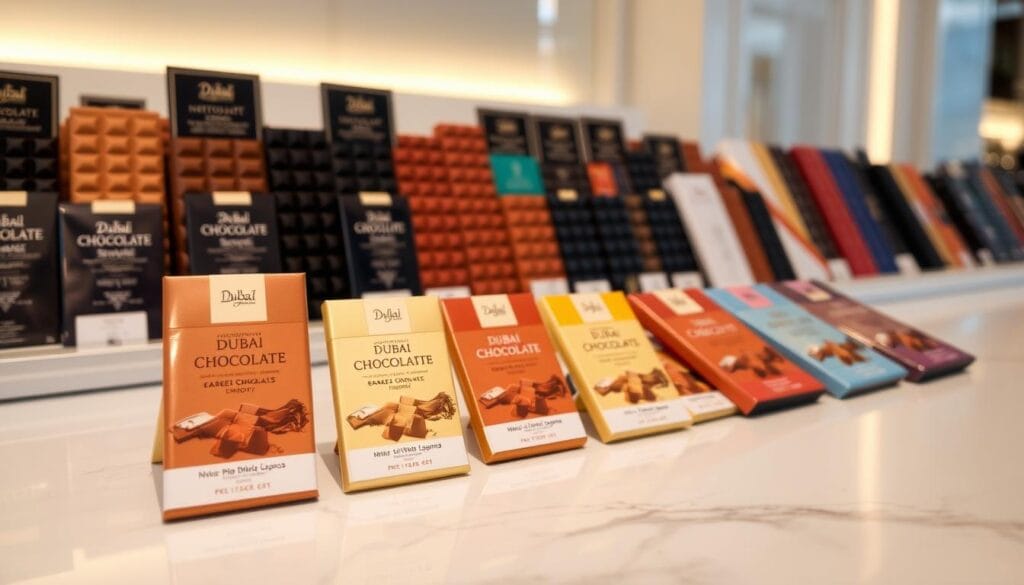 A neatly organized display of Dubai chocolate bars, showcasing their pricing and bundle deals. The bars are arranged on a sleek, glossy counter, with crisp, warm lighting highlighting their rich, tempting colors. In the foreground, three bars are prominently featured, each with a clear price tag displayed. In the middle ground, additional rows of chocolate bars, varying in size and flavor, create a visually appealing array. The background features a clean, minimalist design, allowing the chocolate to take center stage. The overall composition exudes a sense of luxurious sophistication, perfectly capturing the essence of Dubai's premium chocolate offerings.