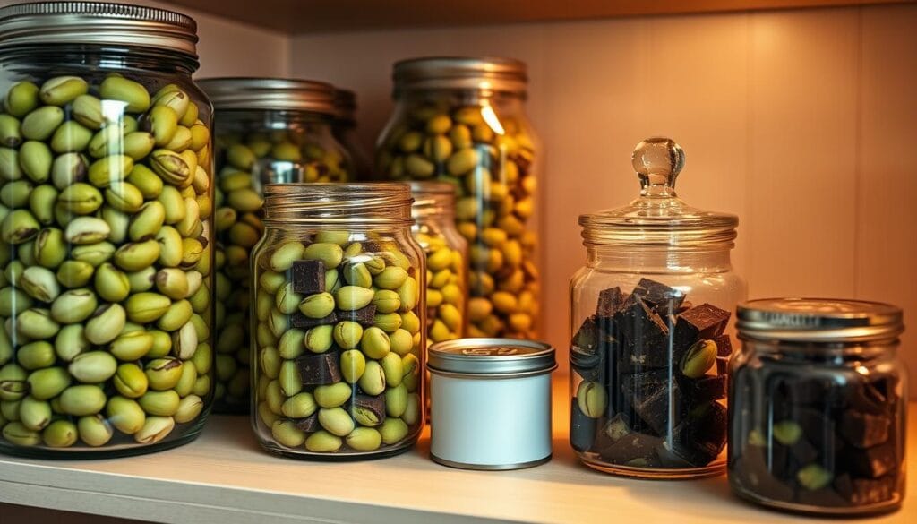 A neatly organized pantry shelf showcases clear glass jars filled with vibrant green pistachio nuts and rich chocolate chunks. Soft, directional lighting casts warm shadows, highlighting the varied textures and colors. The jars are arranged with careful precision, conveying a sense of culinary expertise and attention to detail. The overall scene evokes a cozy, inviting atmosphere, perfect for the delightful experience of savoring pistachio-infused chocolate treats.