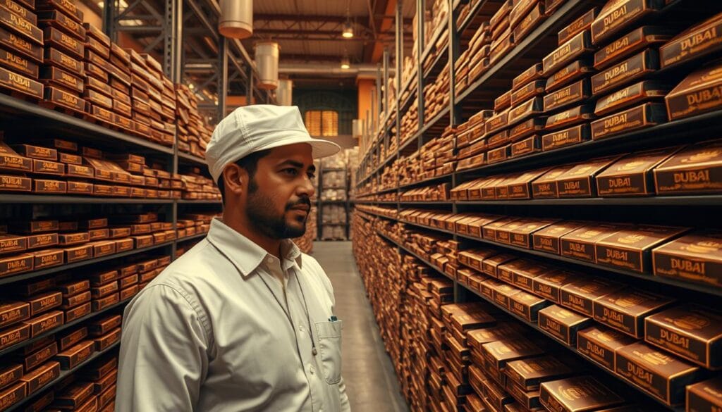 A neatly organized warehouse filled with rows of Dubai chocolate bars, each carefully stacked and stored to maintain their quality. Warm, soft lighting illuminates the scene, casting a gentle glow over the meticulously arranged shelves. The chocolate bars are displayed in their distinctive gold and brown wrappers, their sheen reflecting the light. In the foreground, a worker in a crisp uniform diligently inspects the inventory, ensuring each bar meets the highest standards. The background features a blend of modern storage equipment and traditional Emirati architectural elements, creating a visually captivating fusion of old and new.