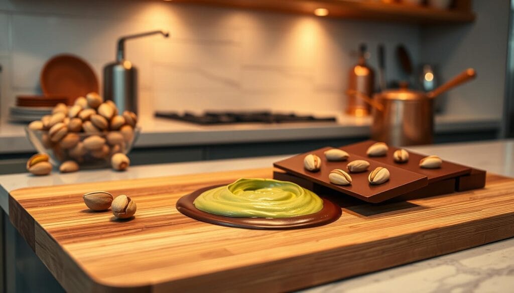 A sleek, modern kitchen counter, bathed in warm, diffused lighting. In the foreground, a wooden board displays the preparation of a luscious pistachio cream chocolate bar. Creamy green pistachio paste is swirled into a pool of rich, melted chocolate, the mixture glistening under the light. Delicate pistachio halves are carefully arranged, adding texture and a vibrant pop of color. In the background, a glass bowl of shelled pistachios and a copper saucepan hint at the steps taken to craft this decadent confection. The scene exudes a sense of artisanal care and culinary expertise, befitting the premium quality of this Dubai-inspired dessert.