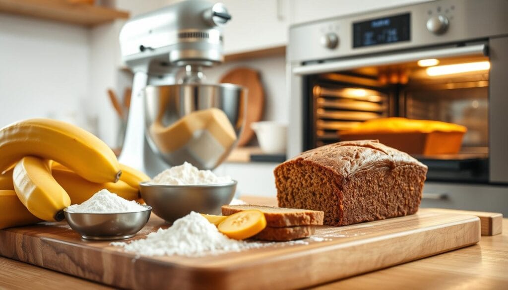 A step-by-step visual guide to preparing delectable banana bread, captured in a bright, airy kitchen setting. Foreground features a wooden cutting board with ripe bananas, flour, sugar, and other essential ingredients neatly arranged. In the middle ground, a stand mixer kneads the dough, while in the background, a warm, golden-brown loaf emerges from a modern oven, ready to be sliced and savored. Soft, natural lighting illuminates the scene, conveying a comforting, homemade atmosphere. The composition is balanced, with clean lines and an inviting, approachable presentation to showcase the satisfying process of baking this classic treat.