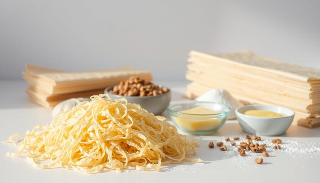 A still life arrangement of homemade shredded kataifi pastry dough ingredients, shot in natural daylight against a clean, minimalist background. In the foreground, a pile of freshly shredded kataifi strands, their delicate, golden-yellow fibers curling and intertwining. Surrounding the dough, an assortment of essential components: a stack of phyllo dough sheets, a bowl of ground nuts (such as walnuts or pistachios), a small dish of clarified butter, and a dusting of powdered sugar. The lighting is soft and diffused, creating subtle shadows that accentuate the textures and shapes of the ingredients. The overall mood is one of simplicity, highlighting the rustic, homemade nature of the kataifi pastry-making process.