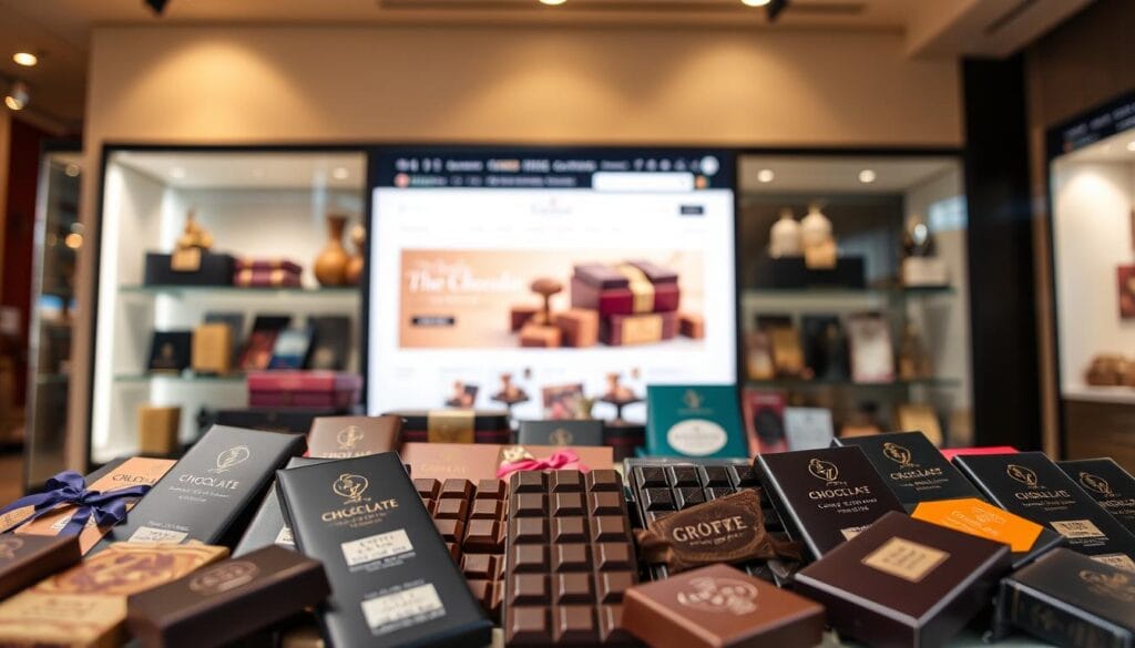 A vibrant online marketplace showcasing an array of premium Dubai chocolate bars. In the foreground, an assortment of artisanal chocolate bars, each wrapped in sleek, glossy packaging that evokes the city's modern, luxurious aesthetic. The middle ground features a selection of chocolate-themed merchandise, such as gift boxes and tins, all neatly displayed against a backdrop of a sleek, minimalist e-commerce website interface. The lighting is soft and warm, highlighting the rich, decadent hues of the chocolate and creating an inviting, premium atmosphere. The camera angle is slightly elevated, providing an overview of the diverse offerings available to online shoppers seeking authentic Dubai chocolate delights.