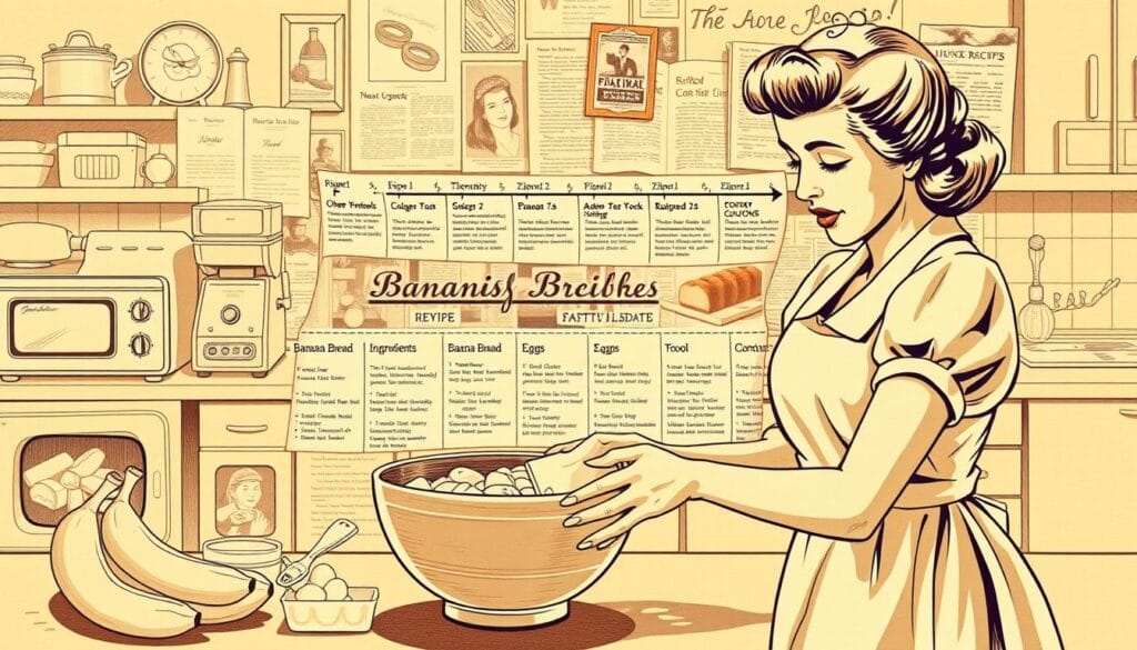 A vintage sepia-toned illustration depicting the historical evolution of banana bread with mayonnaise. In the foreground, a classic 1950s housewife carefully combines mashed bananas, eggs, and mayo in a large mixing bowl. In the middle ground, a timeline of banana bread recipes unfurls, showcasing the ingredient's transition from an exotic curiosity to a beloved comfort food. In the background, a collage of retro kitchen appliances, cookbooks, and newspaper clippings creates a nostalgic atmosphere. Soft lighting illuminates the scene, casting warm shadows and evoking a sense of tradition and homespun ingenuity.