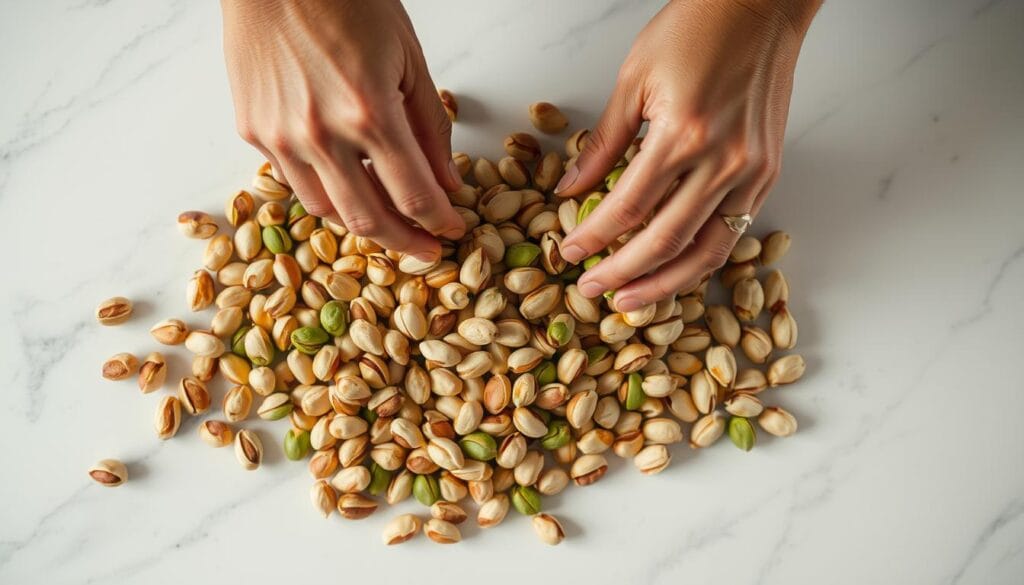 A well-lit kitchen countertop, the focus centered on a pair of hands meticulously toasting and blanching pistachios. The nuts are gently roasted to a warm, golden hue, their skins glistening as they are skillfully removed to reveal the vibrant green kernels. The process is captured from an overhead angle, showcasing the intricate technique required to prepare the pistachios for their transformation into a rich, creamy pistachio butter. Soft, diffused lighting bathes the scene, creating a calming, inviting atmosphere that reflects the care and attention required for this essential pistachio preparation step.