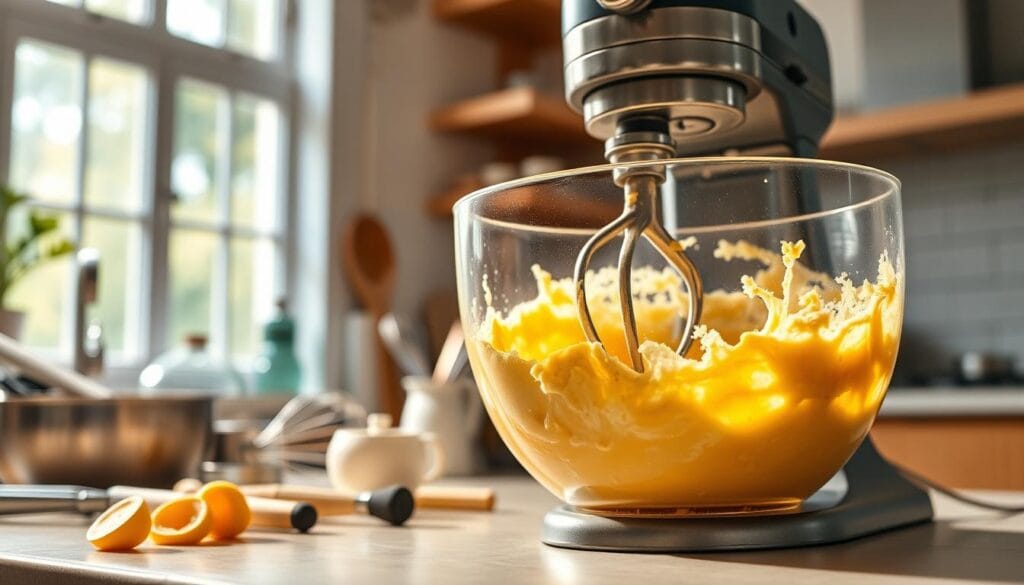 A well-lit kitchen countertop, the focus centered on a sturdy stand mixer and various mixing tools. In the foreground, the mixer's rotating beaters are visibly blending a thick, golden-yellow banana batter, creating a smooth and homogeneous texture. The middle ground showcases an assortment of baking utensils, such as a whisk, spatula, and measuring cups, hinting at the range of techniques used to achieve the perfect batter consistency. The background is softly blurred, emphasizing the task at hand. Soft, natural lighting from a large window illuminates the scene, casting a warm, inviting glow. The overall mood is one of culinary experimentation and the joy of homemade baking.