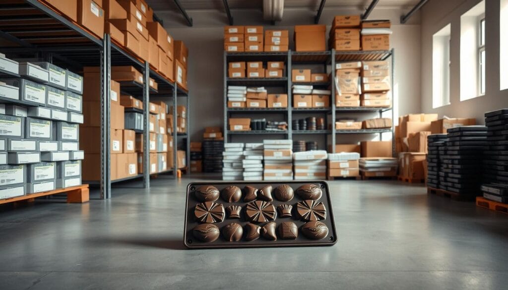 A well-organized storage area with neatly stacked boxes and containers. Carefully labeled shelves and racks hold various chocolate molds and supplies. Soft, even lighting illuminates the space, creating a sense of order and efficiency. The background has a clean, minimalist aesthetic, with smooth concrete floors and white walls. In the foreground, a single chocolate mold sits prominently, its intricate design casting subtle shadows. The overall atmosphere conveys a professional, quality-focused environment suitable for maintaining the consistent high standards of a Dubai chocolate mold.