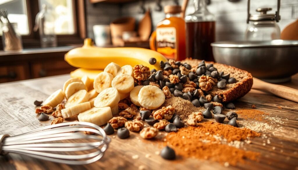 Banana bread mix-in variations showcased in an artisanal kitchen setting. On a rustic wooden table, an array of fresh ingredients spills out - plump banana slices, crunchy walnuts, sweet chocolate chips, and a dusting of cinnamon. Soft, warm light filters through a nearby window, casting a cozy glow. In the foreground, a whisk and a mixing bowl hint at the baking process, while in the background, jars of honey and maple syrup suggest additional flavors. The overall mood is one of homemade comfort and culinary creativity.