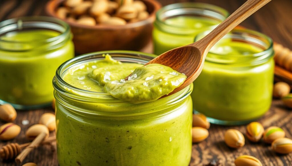 Delicate glass jars filled with vibrant green pistachio butter, the surface glistening with flecks of sea salt. In the foreground, a wooden spoon dips into the creamy, spreadable texture, revealing the rich, nutty aroma. Backlit by warm, diffused lighting, the ingredients come into focus - whole pistachios, honey, and a touch of vanilla, artfully arranged on a rustic wooden table. The overall mood is one of homemade indulgence, inviting the viewer to imagine the satisfying flavor and velvety mouthfeel of this enhanced pistachio butter.