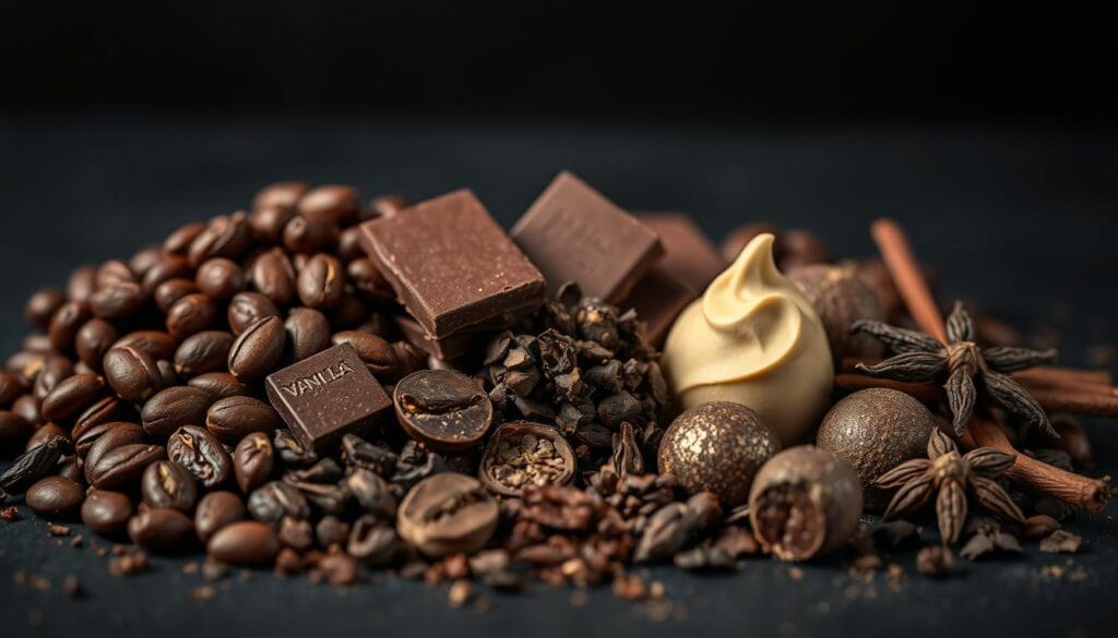 High-quality chocolate ingredients in a premium arrangement: rich cocoa beans, creamy milk chocolate, decadent dark chocolate shards, crunchy cocoa nibs, smooth chocolate truffles, and aromatic vanilla pods. Soft, warm lighting illuminates the ingredients, casting delicate shadows and highlighting their textures. The composition is artfully arranged on a dark, moody background, conveying an atmosphere of indulgence and sophistication. Captured with a shallow depth of field, the focus is drawn to the center of the frame, emphasizing the premium quality of these chocolate components.