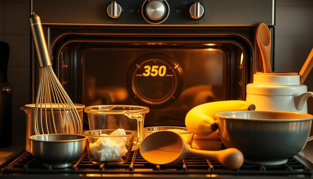 Oven with temperature dial set to 350°F, surrounded by baking tools and ingredients including a whisk, measuring cups, mixing bowl, wooden spoon, and ripe bananas. Warm, golden lighting casts a cozy glow, highlighting the textures of the kitchen equipment. The arrangement is centered in the frame, creating a balanced, symmetrical composition. The mood is one of domestic comfort and culinary preparation, inviting the viewer to envision the delicious baking process to come.