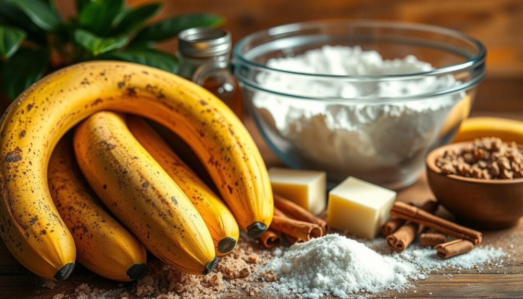 Vibrant arrangement of essential baking ingredients for a classic banana bread recipe. In the foreground, a cluster of ripe, speckled bananas, their skins peeled back to reveal the soft, golden flesh. Surrounding them, a scattering of brown sugar, cinnamon sticks, vanilla extract, and a pat of creamy butter. In the middle ground, a mixing bowl filled with all-purpose flour, baking soda, and a pinch of salt, ready to be combined. The scene is bathed in warm, natural lighting, casting a cozy, homey atmosphere. The composition is artfully arranged, drawing the eye to the star ingredients and hinting at the delicious treat to come.